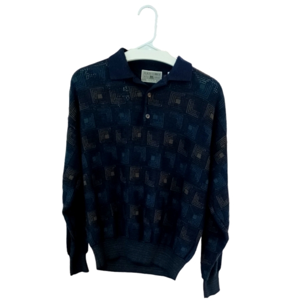 IDEA UOMO • Medium knit sweater geometric pattern dark blue Made in Italy men's